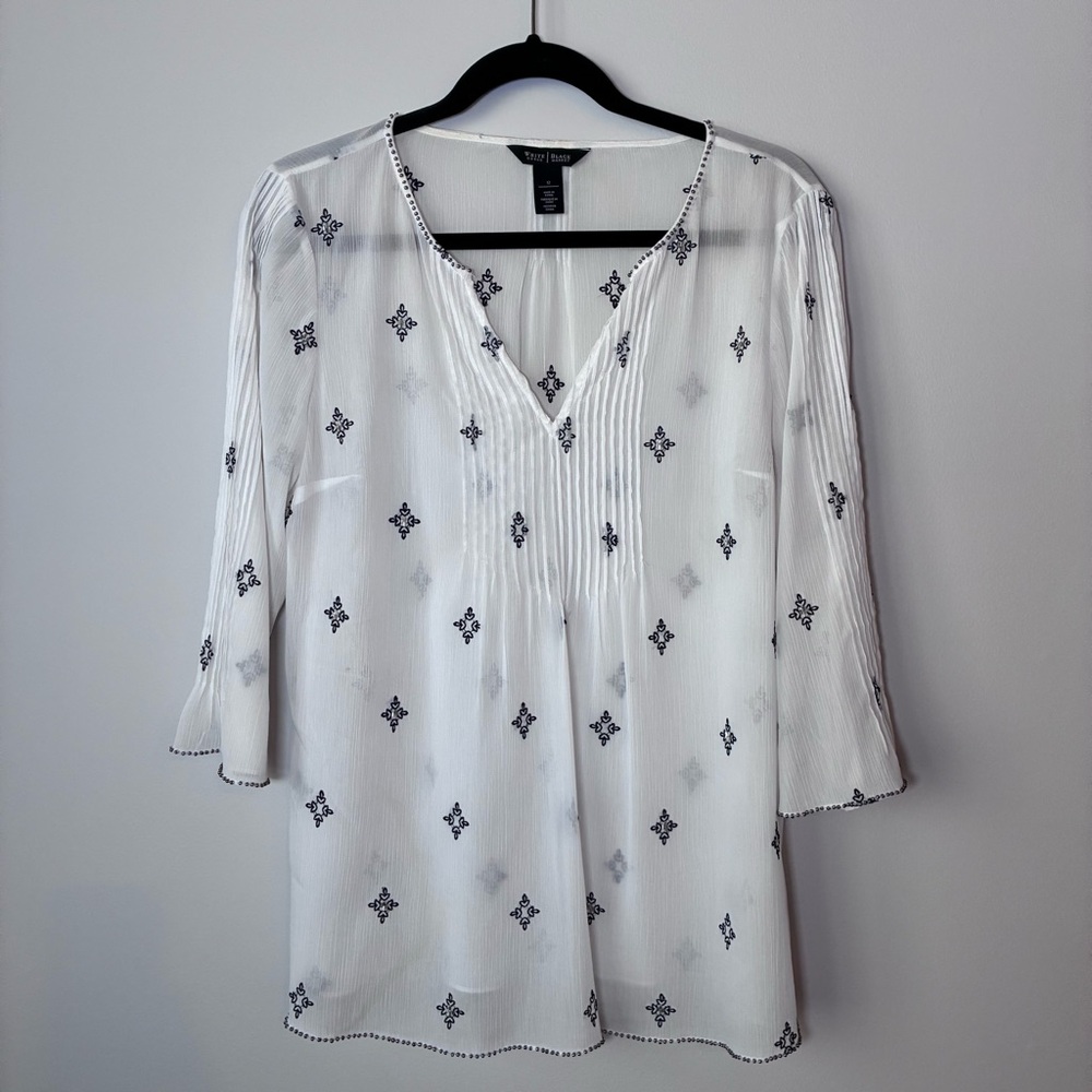 White House Black Market White and Black Women's Top 3/4 sleeve boho - Picture 1 of 14